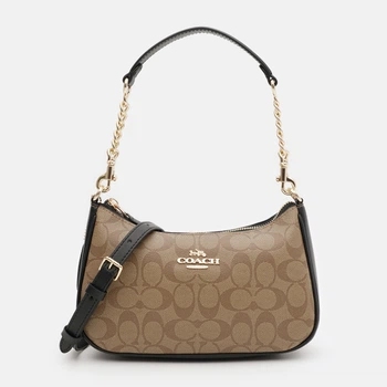 Сумка багет седло женская из натуральной кожи средняя Coach Teri Shoulder Bag In Signature Canvas khaki/black BG-COA-90 Коричневая (195031572760)
