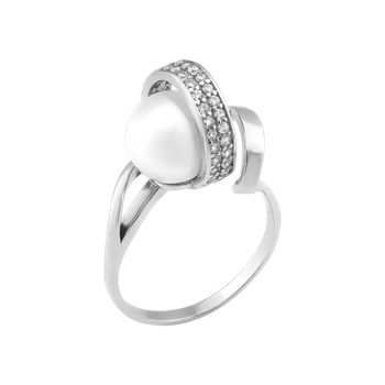 Серебряное кольцо Спираль с жемчужиной и фианитами ЛК-0155рК*