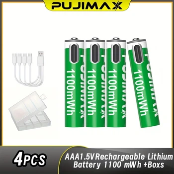 PUJIMAX 4 AAA 1.5V 1100mWh перезаряджувані літієві батареї, включає кейс та кабель Type-C для зарядки, стабільна напруга, висока продуктивність, підходять для пультів дистанційного керування, будильників, дзвінків, бездротових мишей, дронів