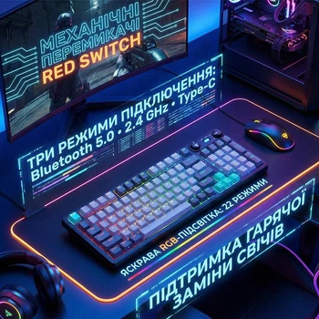 Ігрова бездротова механічна клавіатура Fantech ATOM PRO96 MK914 MERCURY Red Switch |BT5.0/2.4GHz, UA/ENG раскладка, UA/ENG раскладка, RGB підсвічування|