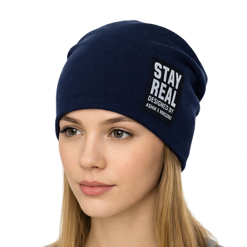 Женская демисезонная трикотажная шапка "STAY REAL" Темно-синий