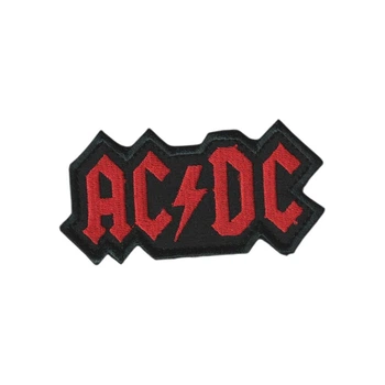 Шеврон патч на липучці логотип AC/DC червоний фігурний, на чорному фоні, 6*9,5см