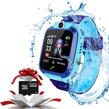 Смарт-часы KID Watch Детские Умные часы GPS с влагозащитой IP67 Синие с голубым + Карта памяти 16Gb