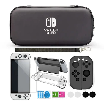 Защитный чехол-футляр для Nintendo Switch Oled 10в1 защитное стекло накладки на стики пластиковая накладки на корпус и джой-коны Черный