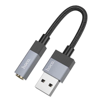 Кабель USB to 3.5 Hoco UPA32D Clever аудиоконвертер 15cm цифровой декодер ЦАП, передача Hi-Fi сигнала без потерь, нейлоновая оплетка и корпус из алюминиевого сплава Black