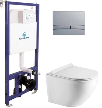 Инсталляция KOLLER POOL Dune 1200SL + панель смыва Integro Cosmo Chrome Matt + подвесной унитаз Round Smart с сиденьем Soft Close дюропласт