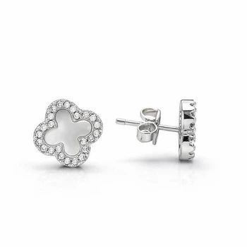 Серьги-пусеты (гвоздики) серебряные Клевер с перламутром Silver Style (520895б sku:4200009684027)