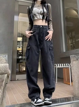 Женские свободные джинсы карго черного цвета в стиле streetwear S