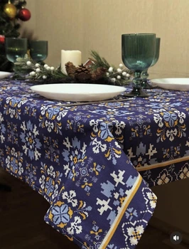 Скатертина Handmade з етнічним українським орнаментом Синя