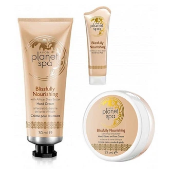 Набор для тела 3-в-1 Avon Planet Spa с маслом ши "Непревзойденное питание: Увлажняющая и ухаживающая маска для рук и ног 100 мл + Крем для рук с маслом 30 мл + Крем для рук, стоп и локтей 75 мл