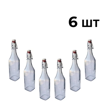 Бутылка Квадратная Бугельная, стеклянная (прозрачная) 0,5 л. с бугельной пробкой 6 шт.