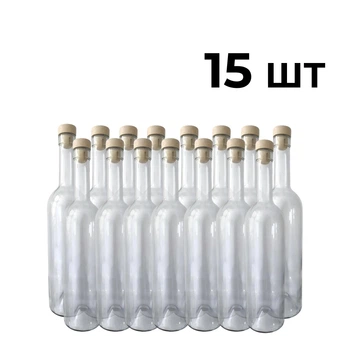 Винная бутылка 0,75 л с пробкой (прозрачное стекло) 15 шт