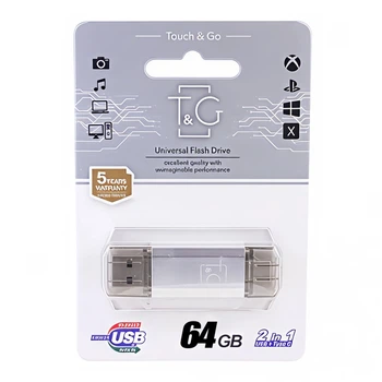 Флешка ЮСБ T&G 009 2&1 USB/Type C 64Gb USB Flash Drive 2.0 память 64 Гб Silver