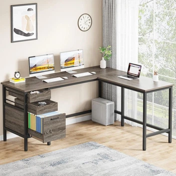 Письменный стол L-образный угловой с ящиками, серый