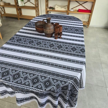 Вишита скатертина Ototextile "Дух землі" розмір 160*220см; основа біла , чорний орнамент 212 С