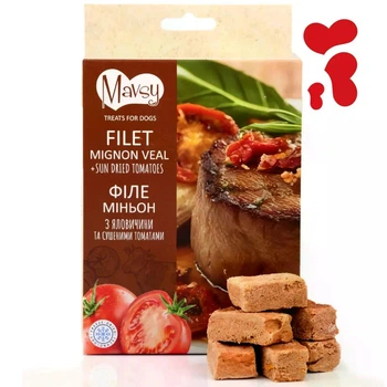 Лакомство Mavsy Freeze dried Filet Mignon with sundried tomatoe - для собак от 3-х месяцев, филе миньон из говядины и сушеными томатами, 50 г (4820266800697)