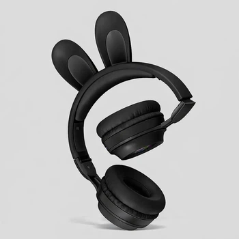 Детские беспроводные Bluetooth наушники с ушками зайчика RGB Picun B12 4704/4705 VJ USB Type-C, с подсветкой, черные