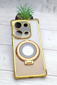 Чехол Luxury Case для Poco M6 Pro бампер силиконовый блестящий с кольцом подставкой золотой