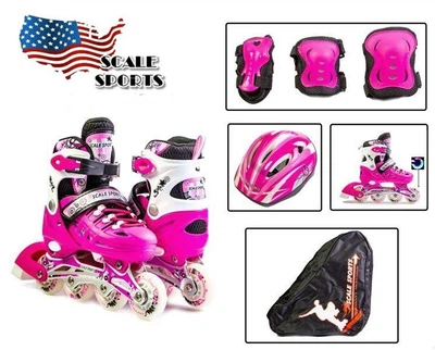 Роликовые коньки детские с комплектом защиты раздвижные Scale Sports PINK LF 905 Розовые размер 29-33 переднее колесо СВЕТИТСЯ