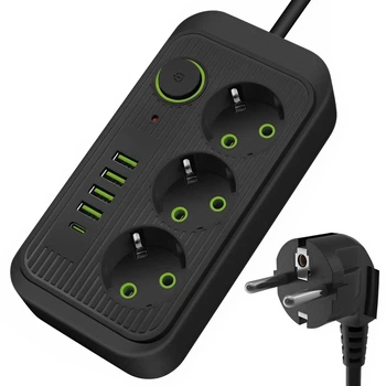 Подовжувач на 3 розетки, мережевий фільтр Power Socket з USB-C, 1.8 метра, Чорний