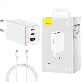 Зарядний Пристрій Baseus GaN5 Pro 65W (2Type-С+USB) white + Кабель Type-C-Type-C 100W (1m) (CCGP120202)