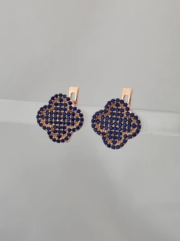 Серебряные серьги 925 пробы в стиле Van Cleef (Ван Клиф) клевер с синими камушками (ЛПЧ-4021)