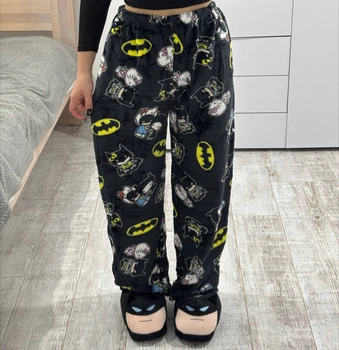 Піжамні плюшеві штани з принтом Hello Kitty & Batman Чорні | Домашні флісові штани для сну та відпочинку M-L