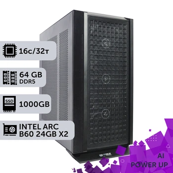 Рабочая станция AI Workstation PowerUp #86 Ryzen 9 9950x/64 GB/SSD 1TB/Intel Arc B60 24GB x2 для задач искусственного интеллекта машинного обучения и вычислений с помощью графических процессоров