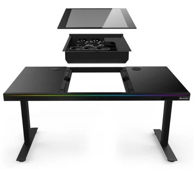 Комп'ютерний стіл ALmordor E140G Black, Gaming Desk, EATX / ATX / Micro ATX, CPU - 135 мм / VGA - 370 мм, 2xUSB 3.0, 1xType-C, 2in1 audio, RGB-підсвічування, PD Fast Charge, беспроводная зарядка (Qi), алюминий, закаленное стекло, сталь