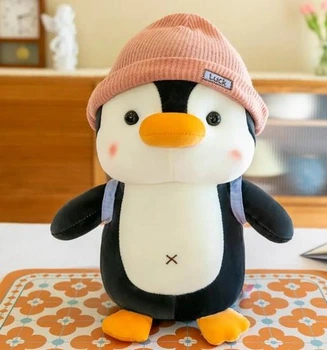 Мягкая плюшевая игрушка Пингвин с рюкзачком в розовой шапке 25 см