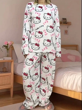 М'яка плюшева піжама Hello Kitty біла – теплий флісовий комплект унісекс з довгим рукавом для сну та будинку з Хелло Кітті Штани+Кофта M-L Білий