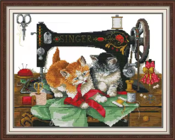 Набор для вышивания "Kitten and Sewing Machine". AIDA 14CT printed , 38*31 см