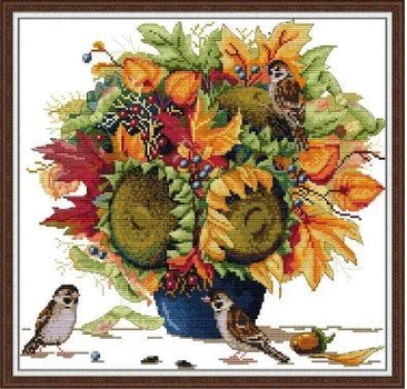 Набор для вышивания по нанесённой на канву схеме "Sparrow and Flowers".AIDA 14CT printed , 38*37 см