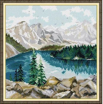 Набор для вышивания по нанесённой на канву схеме "Lake under the snowy mountains". AIDA 14CT printed 30*30 см
