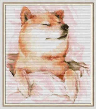Набор для вышивания по нанесённой на канву схеме "Shiba Inu in a Rest".AIDA 14CT printed, 28*32 см