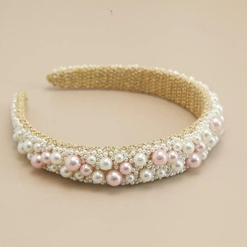 Обруч для волосся з перлами "Wide Pink Pearl Shine", прикраса на голову, золото