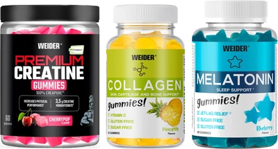 Набір Weider Creatine Gummies 60 желейок + Weider Collagen Gummies 50 желейок Ананас + Weider Melatonin Gummies 60 жувальних таблеток (8414192348864) + (8414192314753) + (8414192309810)