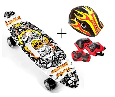 Пенни-борд Penny Best Board LED SKELETON с ручкой колеса PU светится Black/White с шлемом и защитой (4565345676)