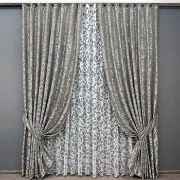 Комплект штор VR-Textil Жакард Вензель 150х270 2шт і Тюль 400х270 293ш-1147т Сірий з білим 71-098/3