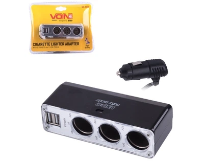 Разветвитель прикуривателя Voin 3 выхода + 2 USB 2100 mAh провод/предохранитель (SC-3036)