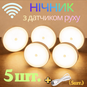 Сенсорний LED світильник нічник з датчиком руху та акумулятором, бездротова лампа для спальні, кухні, коридору, туалету, набір 5 шт. Магнітне кріплення, тепле світло