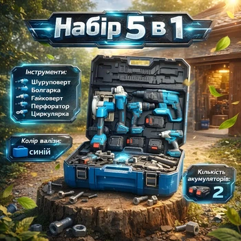 Набор электрических инструментов 5в1 Шуруповерт, Болгарка, Гайковерт, Перфоратор, Циркулярка, синий чемодан, 2 аккумулятора