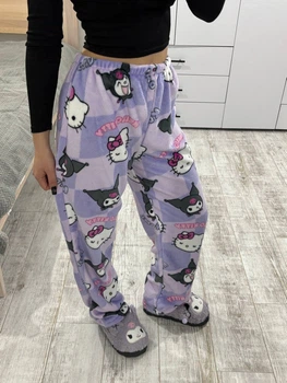 Фиолетовые плюшевые брюки Hello Kitty Kuromi унисекс | Теплые флисовые брюки Hello Kitty & Kuromi для дома M-L