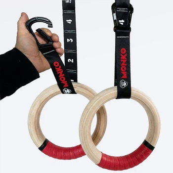 Деревянные гимнастические кольца со стропами на карабинах Monko Wooden Rings Carabiner 32мм