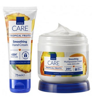Набор Avon Care Tropical Fruits 2-в-1 с экзотическими фруктами: Мультифункциональный крем для лица, рук и тела Smoothing Multipurpose Cream Hand, Body & Face 400мл + Крем для рук Smoothing Hand Cream 75мл