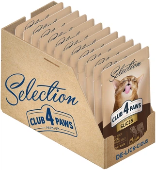 Упаковка вологого корму для дорослих кішок Club 4 Paws Selection Преміум Плюс Шматочки з телятиною в овочевому желі 80 г х 12 шт (4820215368032/4820215368322)