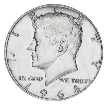 Монета США 50 центов (халф) 1964 Серебро F-VF Джон Кеннеди - первый год выпуска (Ag 900, 12,5 грамм)
