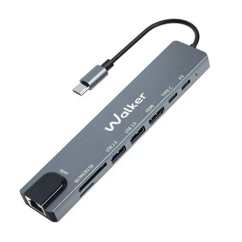 Переходник USB-хаб WALKER WHUB-63 8в1 с разъемом Type-C Grey