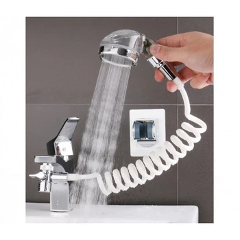 Душевая система с насадкой на кран в умывальник с турмалином Modified Faucet With External Shower (серебристая, белый шланг)