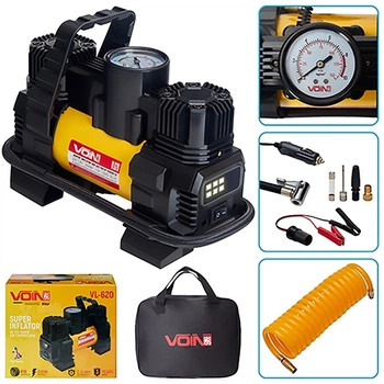 Автомобильный компрессор VOIN VL-620, 150 PSI, 15 А, 85 л/мин, от прикуривателя, с фонарём, переходником на клеммы, двухцилиндровый